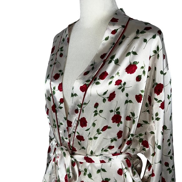 Like new JOSIE NATORI Kimono Style Cream Satin-Like Red Rose Print Robe … - Picture 9 of 11
